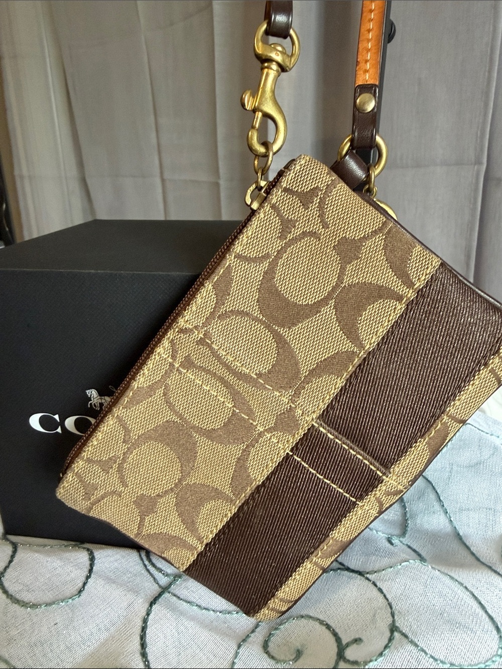 Coach Legacy Signature Canvas Wristlet in Brown and Tan - Picture 3 of 7
